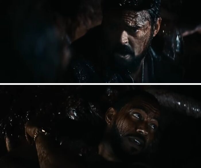 Two actors covered in grime and water, depicting intense behind-the-scenes moments from movies and TV horror scenes.