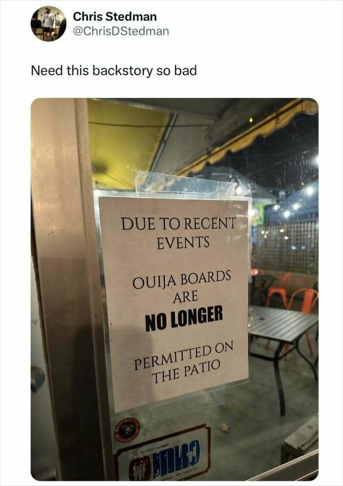 Funny meme showing a sign banning Ouija boards on the patio, highlighting relatable and silly moments from Instagram.