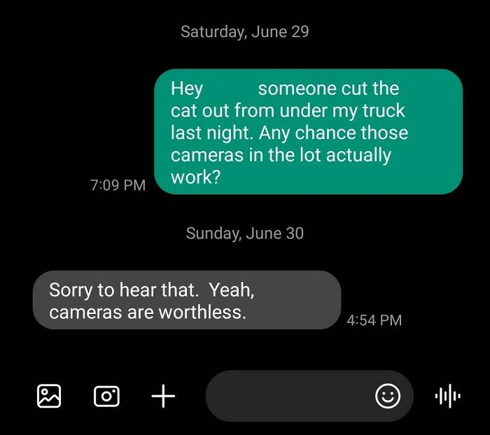 Text message exchange showing frustrated renter asking landlord about security cameras, highlighting infuriating landlord behavior.