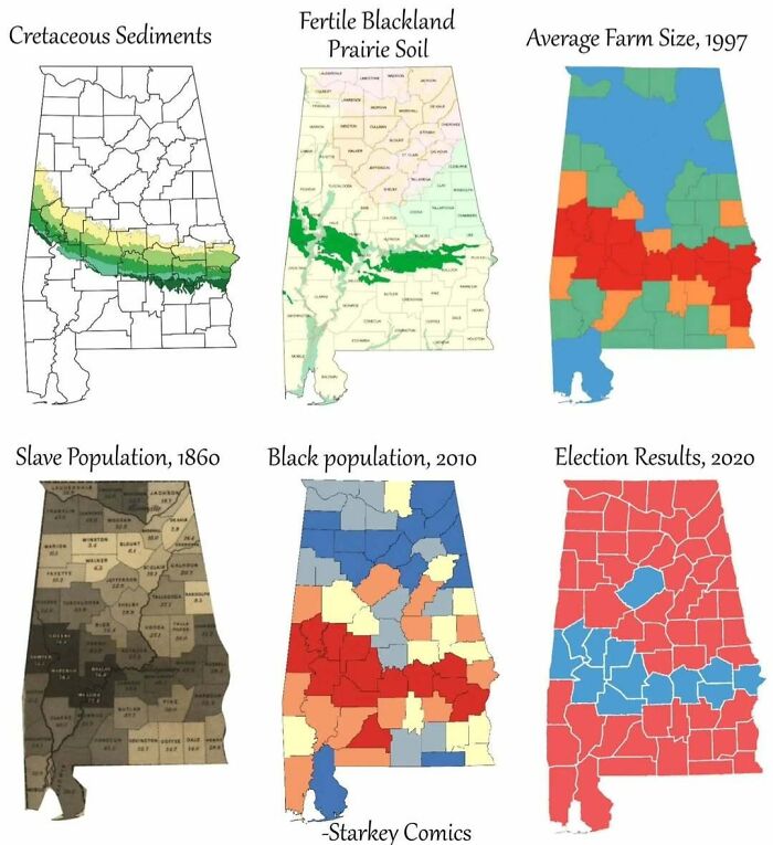 Map series showing historical and modern data on Alabama’s coastline, soil, population, and election results.