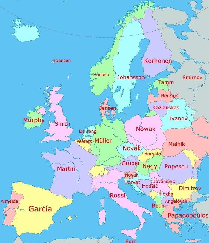 Map of Europe highlighting common family names in each country, displaying curious maps to expand knowledge of the world.