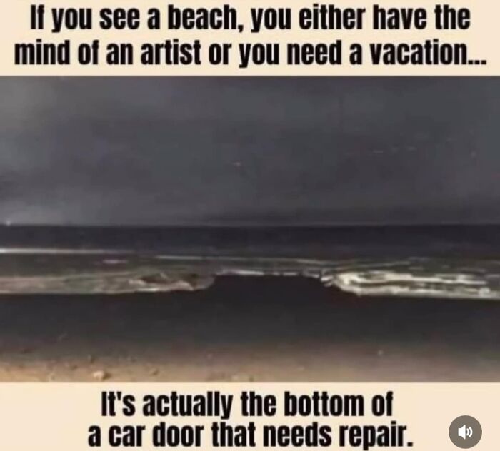 Humorous dad joke meme about mistaking a car door bottom for a beach scene, showcasing peak dad humor.