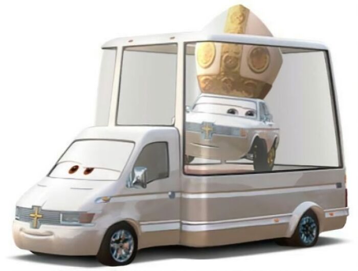 Animated van character from a movie carrying a smaller car with a large trophy, highlighting questionable movie details for cinephiles.