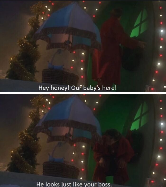 Scene from a movie with Christmas lights showing a man holding a baby saying questionable movie dialogue to mock online.