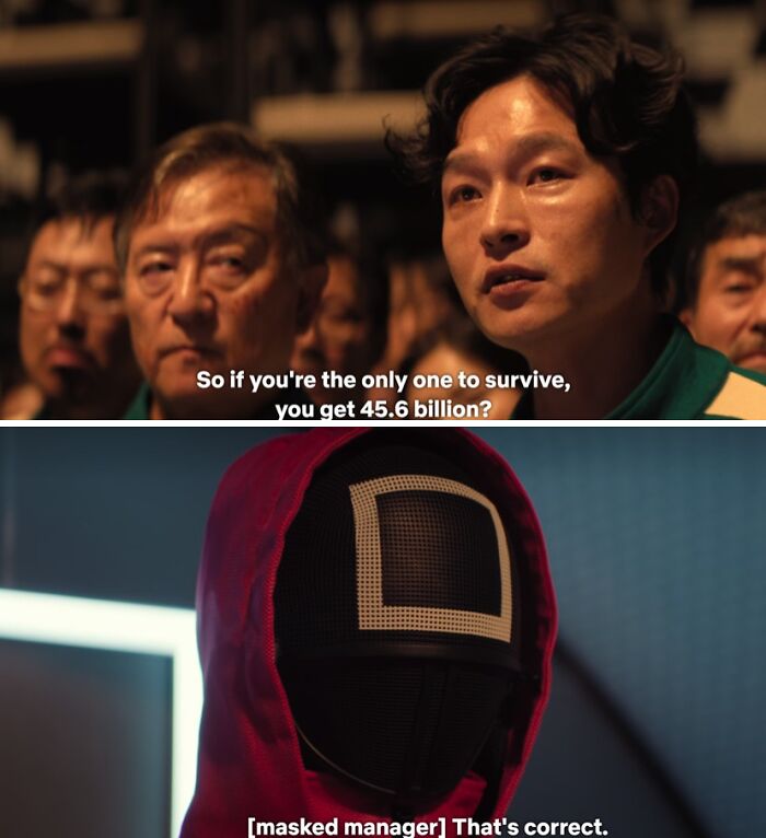 Scene from a movie showing a tense conversation about 45.6 billion reward with masked character, highlighting questionable movie details for cinephiles.