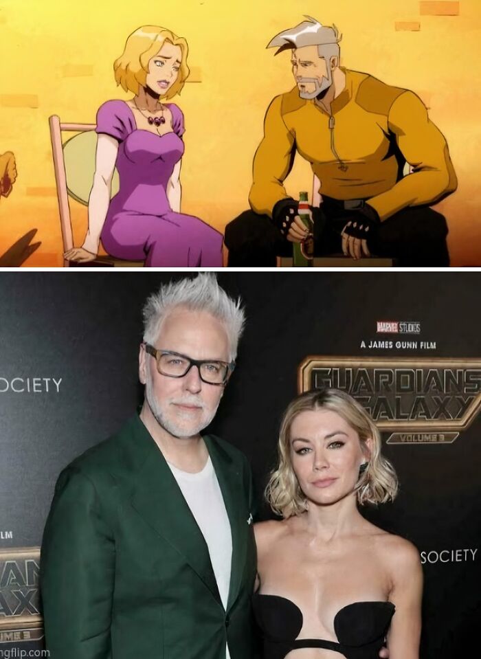 Animated characters in a scene above a photo of two people at a movie premiere highlighting questionable movie details.