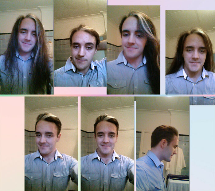 Before and after hair transformation of a young man showing a stylish short haircut from long hair in multiple selfies.