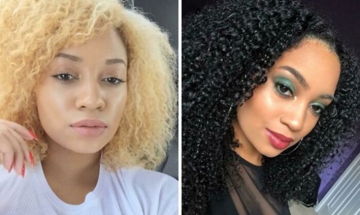 Side-by-side photos of a woman showing small appearance changes with different hairstyles and makeup styles.