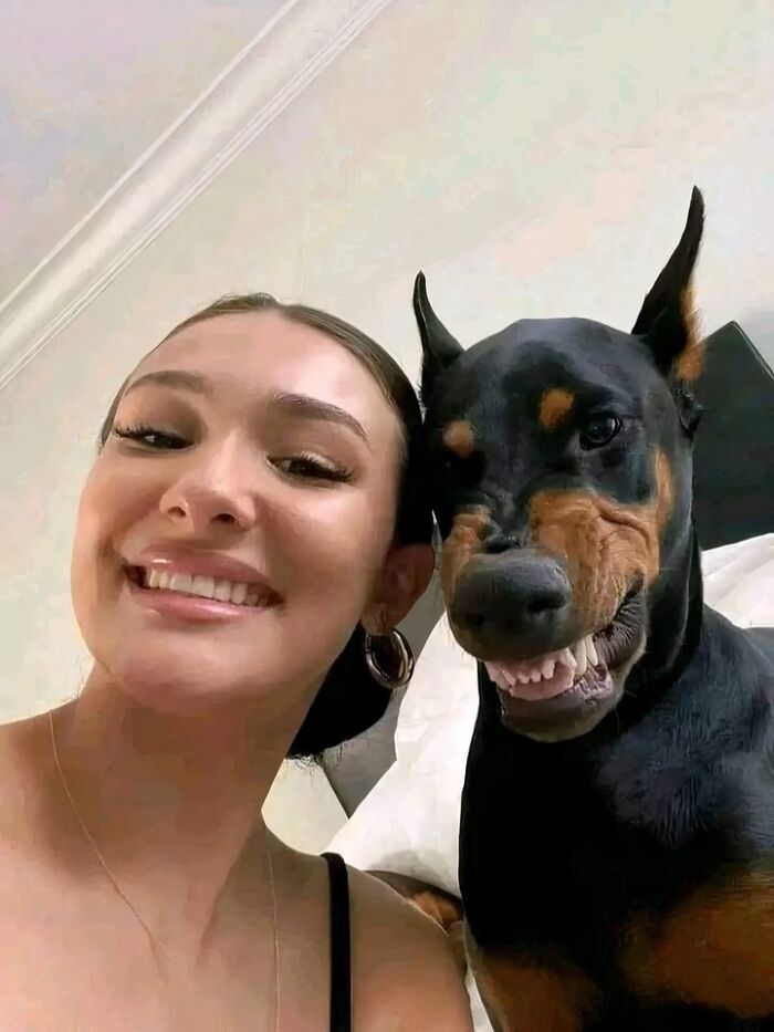 Smiling woman taking a selfie with a Doberman dog that appears to be grinning in a cozy indoor setting, animal pics.