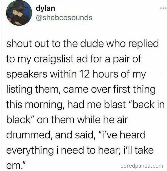 Text post showing a humorous relatable moment about buying speakers, fitting the theme of shower feels.