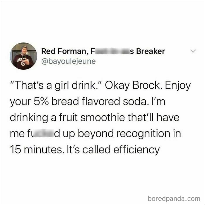 Tweet humor about drinks and efficiency, capturing relatable shower feels and casual social media banter.