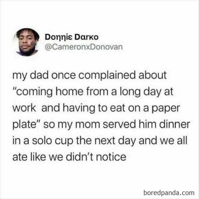 Tweet about family dinner relatable moments and shower feels humor after a long day dealing with simple complaints.