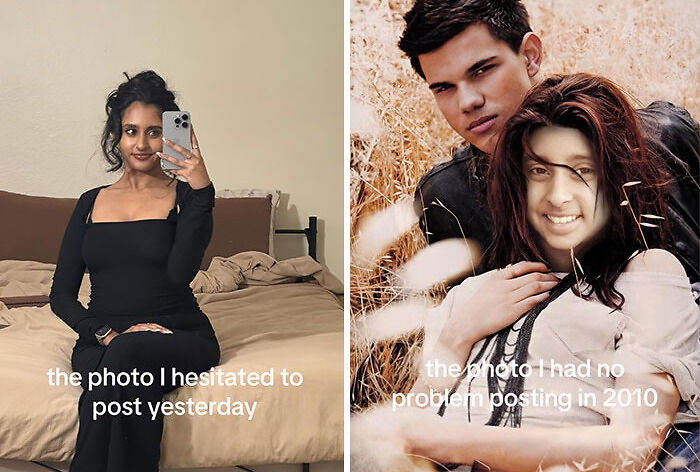 Side-by-side pics showing hesitant versus confident photo posts featuring a woman taking a mirror selfie and a couple outdoors.