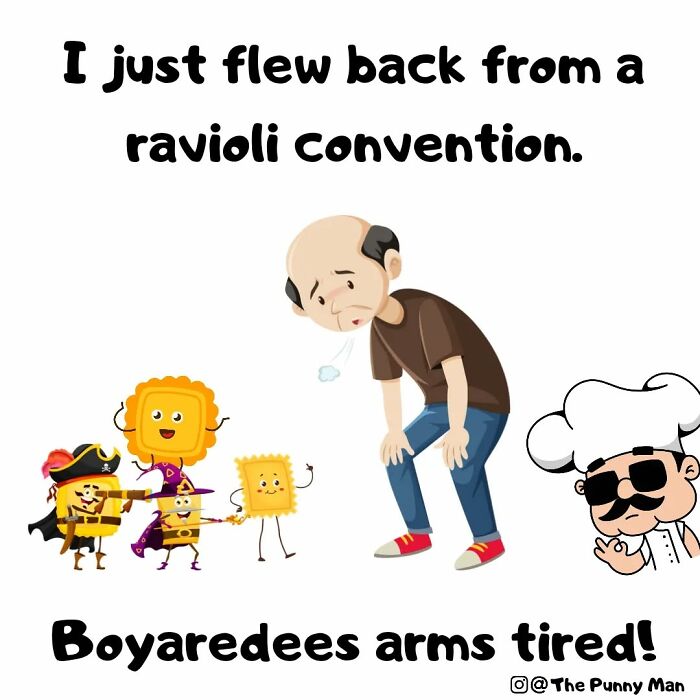 Funny comics based on puns showing tired man and animated ravioli characters after a ravioli convention.