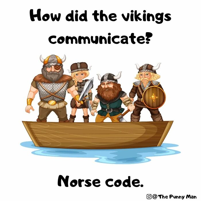 Funny comic of Vikings in a boat using a pun on communication, showcasing bad-but-good pun comics by the artist.