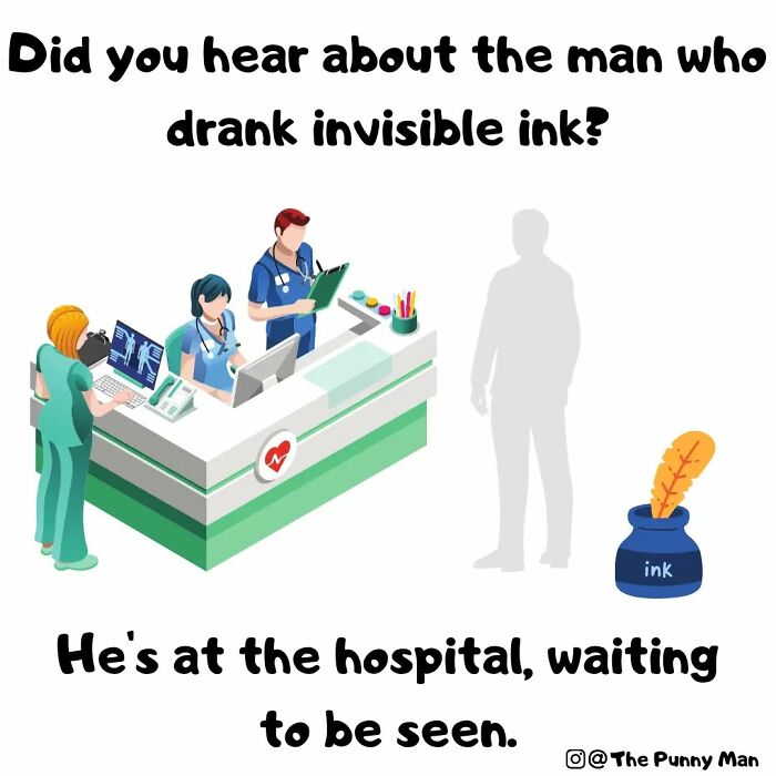 Funny pun comic showing hospital scene with doctors and invisible man, illustrating humor in a medical setting.