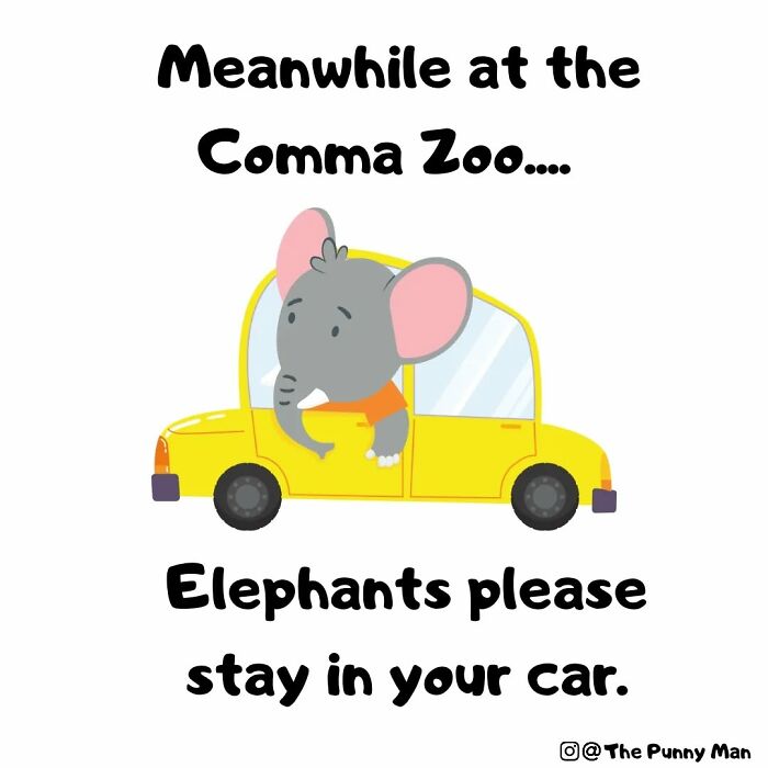 Funny pun comic featuring an elephant in a car with text about the Comma Zoo from a humorous artist's collection.