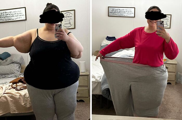 Before and after weight loss photos showing inspiring transformation with significant reduction in body size and loose clothing.