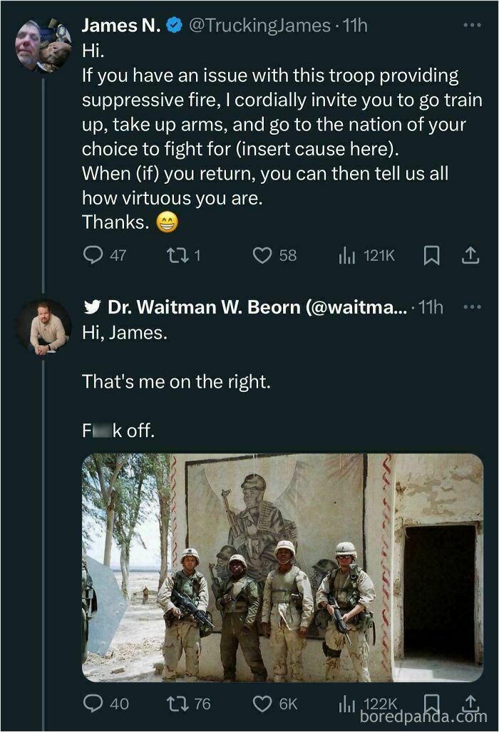 Twitter exchange where a soldier clarifies his identity, showcasing a hilarious case of people online not knowing who they were speaking to.