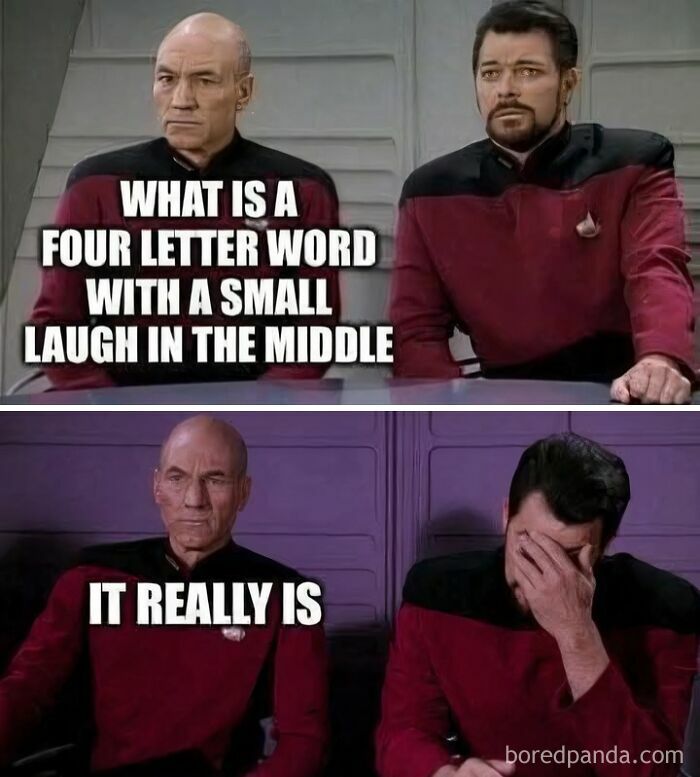 Two Star Trek characters in red uniforms with text joke about a four-letter word and dad humor memes.