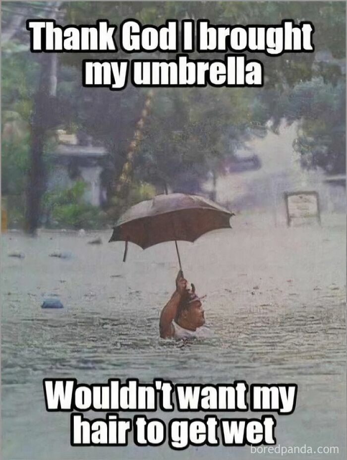 Person holding an umbrella above water during flood, illustrating peak dad humor with silly dad joke meme.