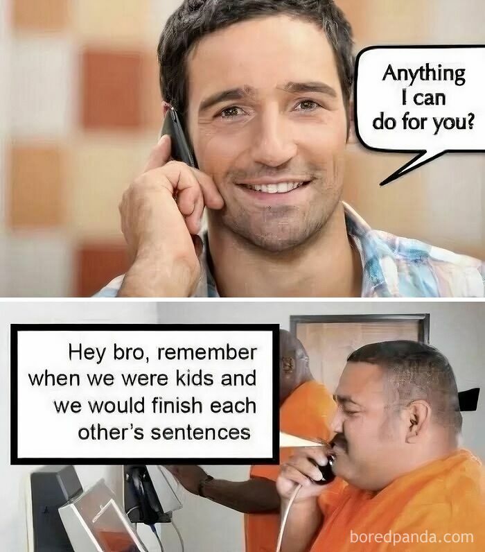 Two men on phones sharing a silly dad humor joke about finishing each other's sentences, illustrating peak dad humor memes.