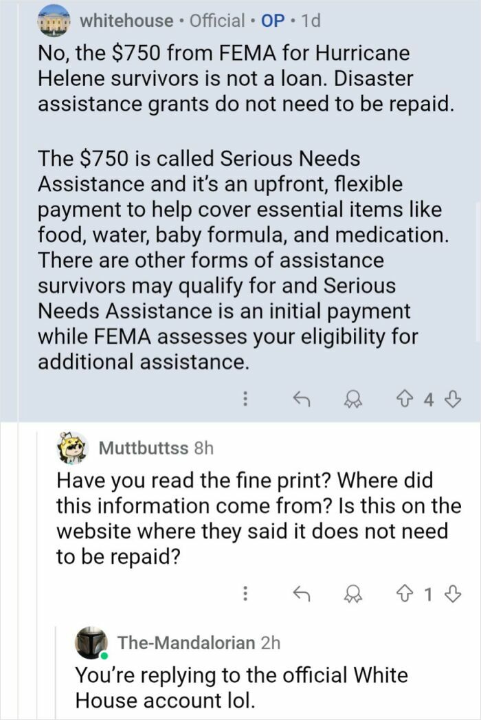 Online conversation where a user doesn’t realize they are speaking to the official White House account.