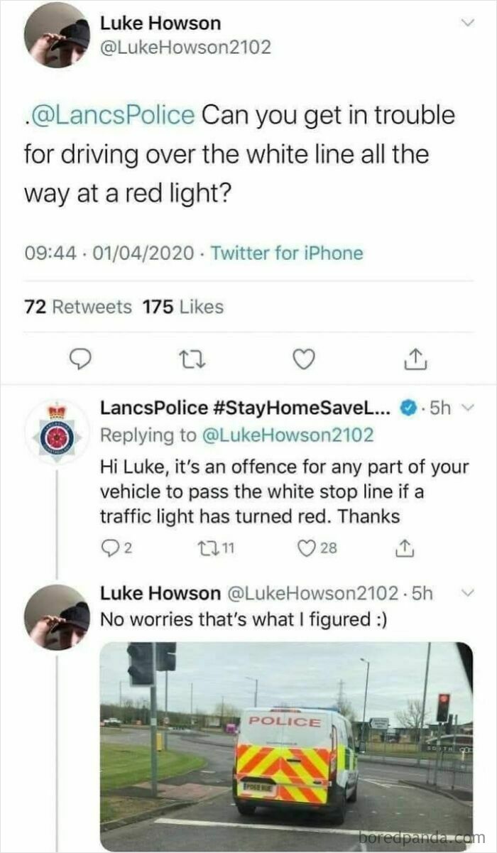 Tweet exchange about driving offense with police responding, featuring a photo of a police van at a red light, showcasing peak dad humor.