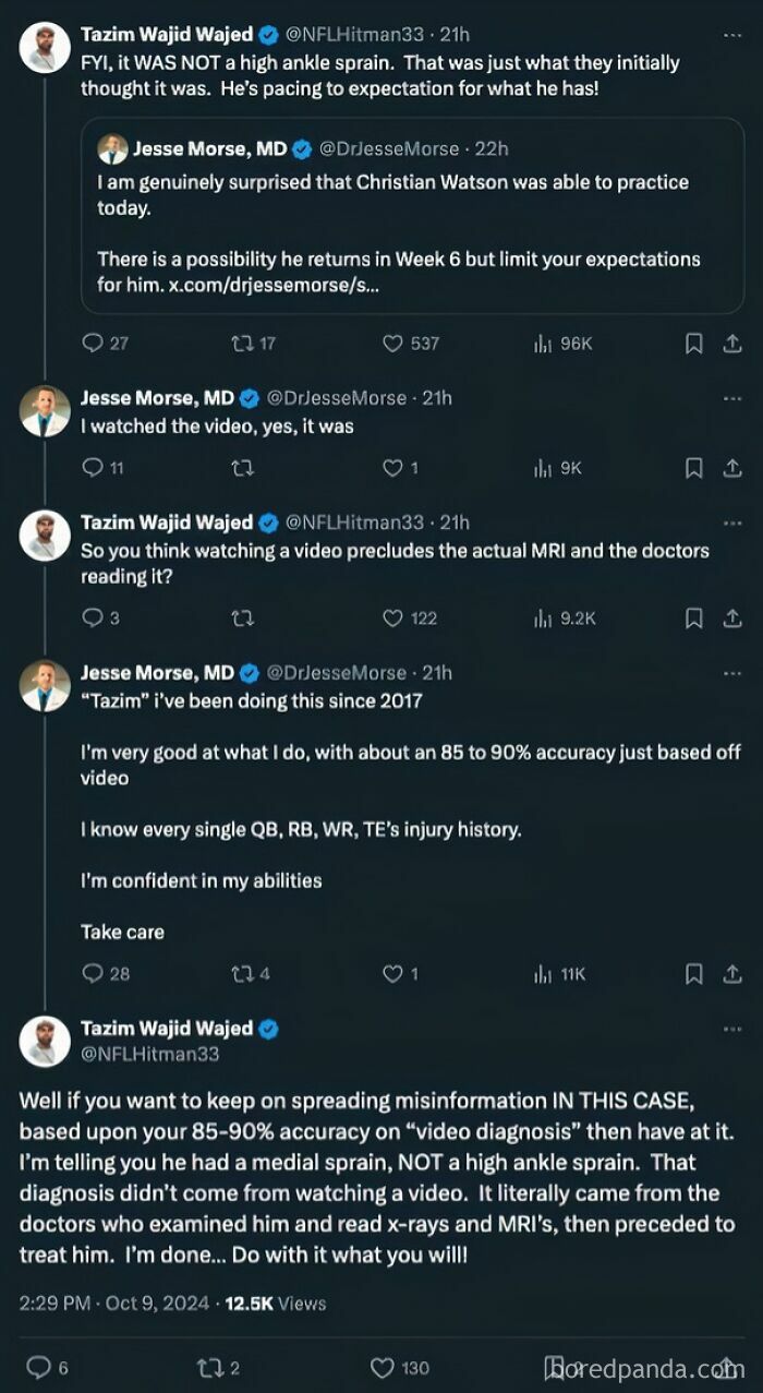 Twitter exchange where people online hilariously misunderstand who they are talking to about an injury diagnosis.