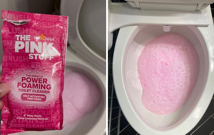 Pink foaming toilet cleaner packet held beside a toilet bowl filled with thick pink foam, affordable home finds concept.