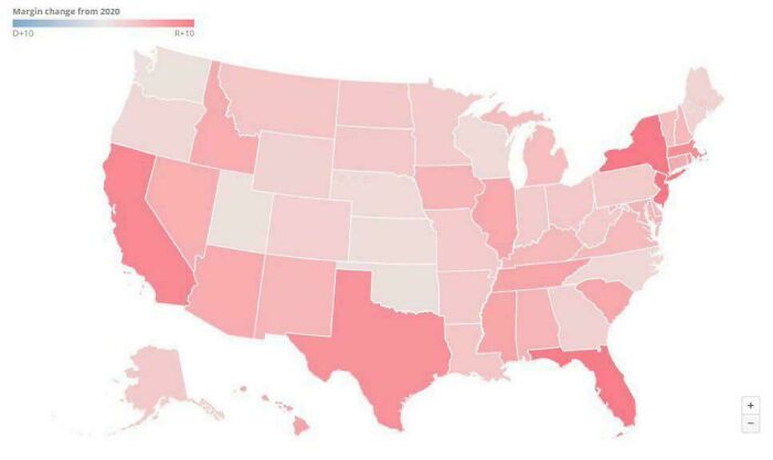 US map showing margin change by state from 2020 with color gradient highlighting voting shifts for knowledge expansion.