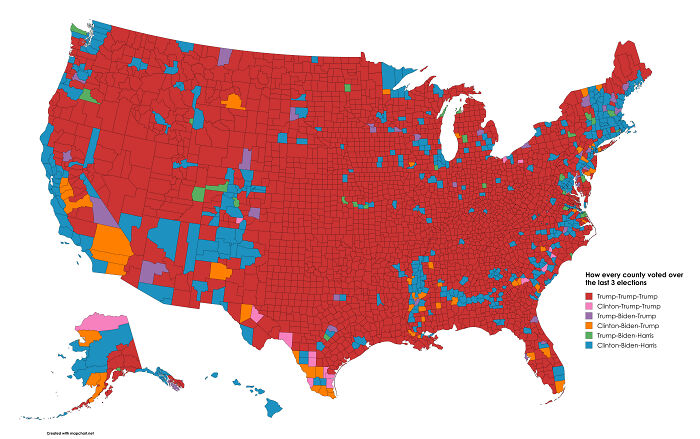 US map showing how every county voted in the last three elections with colorful political voting patterns.