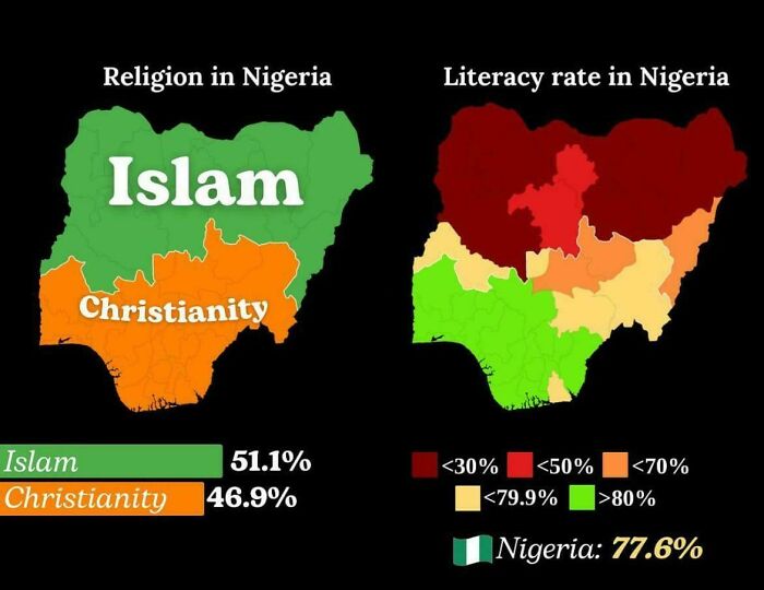Map showing religion distribution and literacy rate in Nigeria, highlighting key data to expand your knowledge of the world.