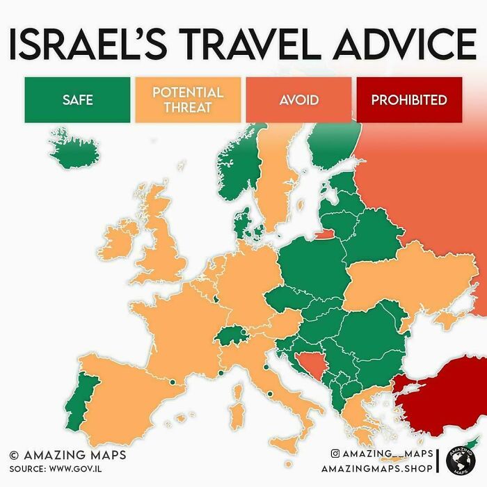 Map of Europe showing Israel’s travel advice categorized by safe, potential threat, avoid, and prohibited zones.