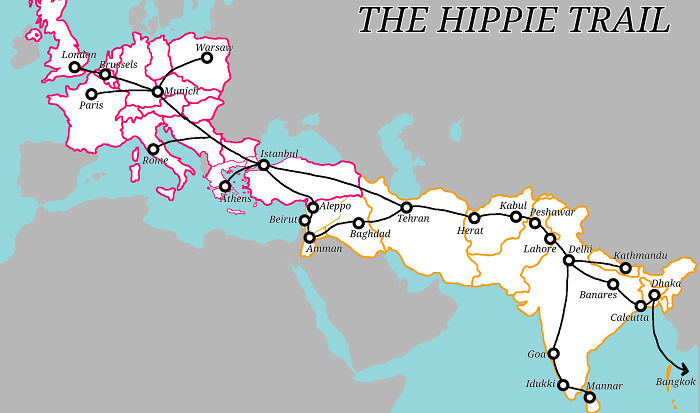Map showing the Hippie Trail route across Europe and Asia highlighting key cities and travel paths on a world knowledge map.
