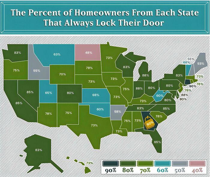 Map showing the percent of homeowners by state who always lock their door, part of 80 maps to expand knowledge of the world