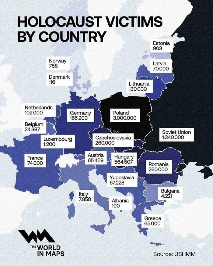 Map showing H*******t victims by country in Europe with numbers, part of maps to expand your knowledge of the world.