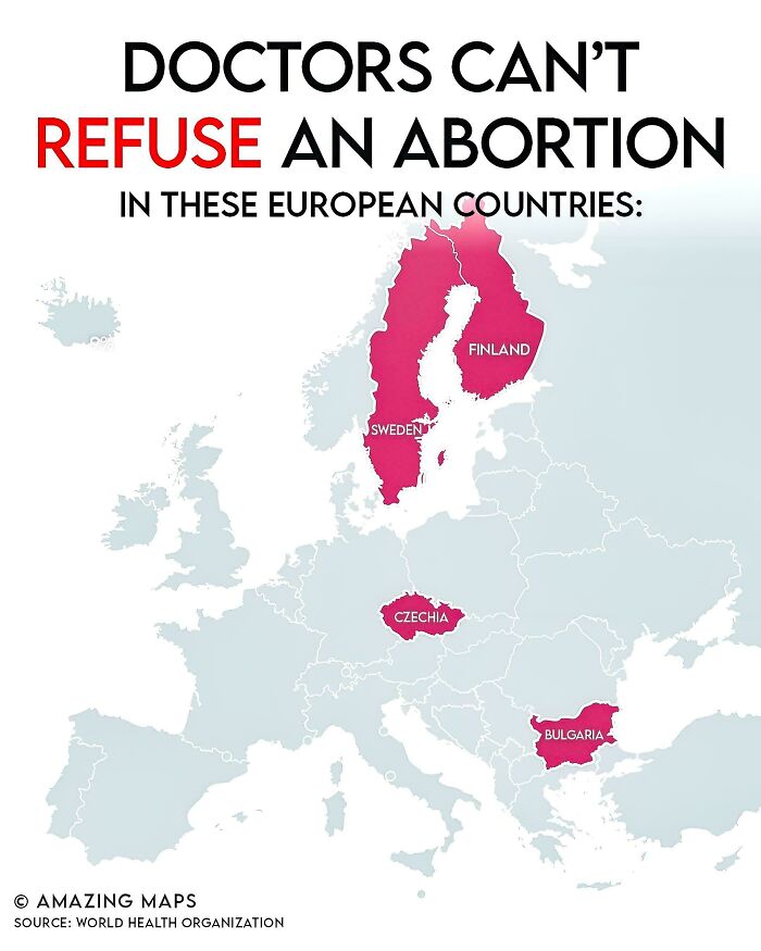 Map highlighting European countries where doctors cannot refuse an abortion, expanding knowledge of the world through detailed maps.