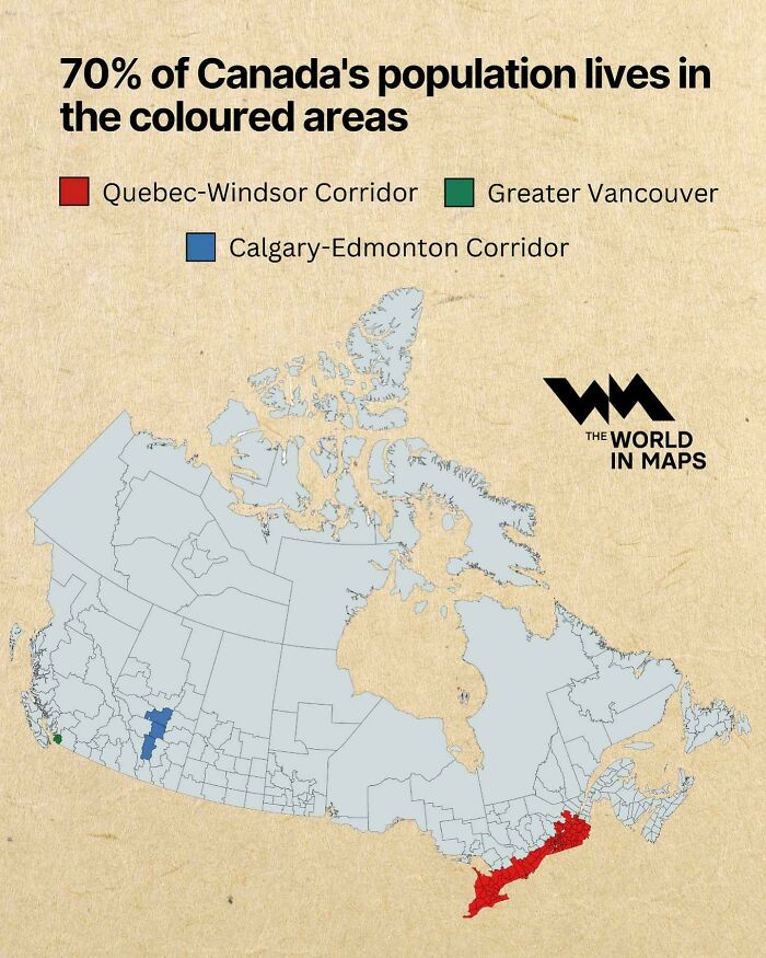 Map showing 70% of Canada's population living in colored areas, highlighting key regions to expand your knowledge of the world.