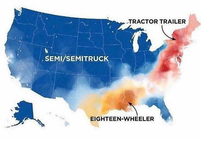 Map of the United States showing regional terms for large trucks including semi, tractor trailer, and eighteen-wheeler.