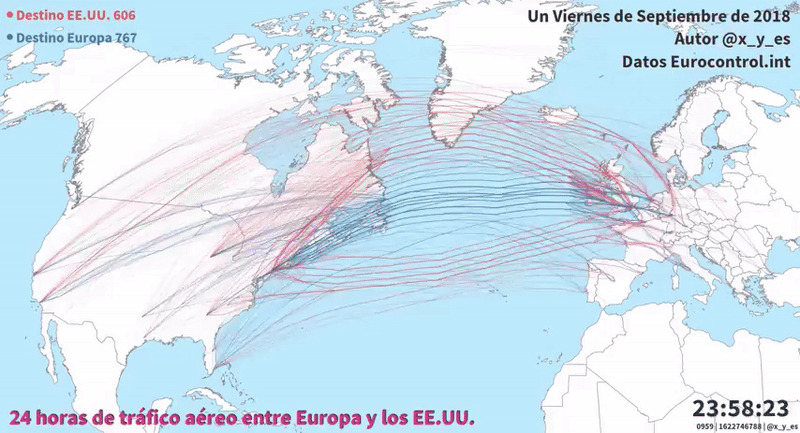 Map showing 24-hour air traffic routes between Europe and the United States to expand your knowledge of the world.