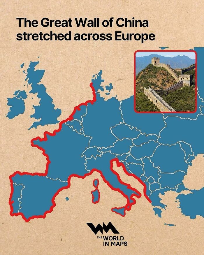 Map illustrating the Great Wall of China stretched across Europe with a red outline on a blue continental map.