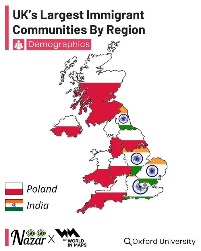 Map showing UK’s largest immigrant communities by region with Poland and India highlighted, from 80 maps to expand knowledge of the world.