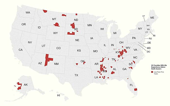 Map of US counties with life expectancy below 72.6 years, highlighting areas to expand your knowledge of the world.