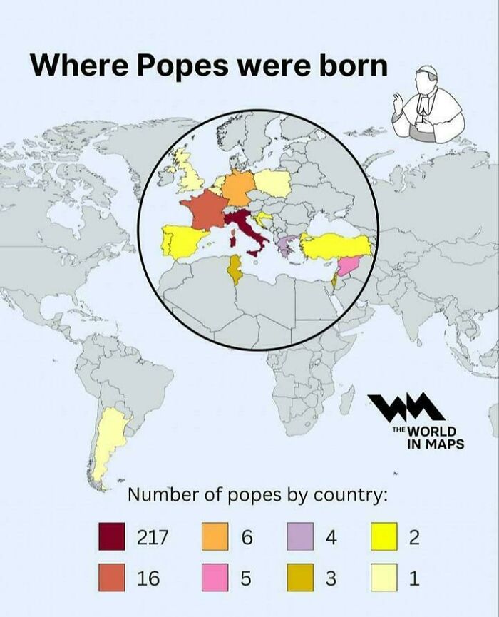 Map highlighting the number of popes by country, part of visual maps to expand your knowledge of the world.