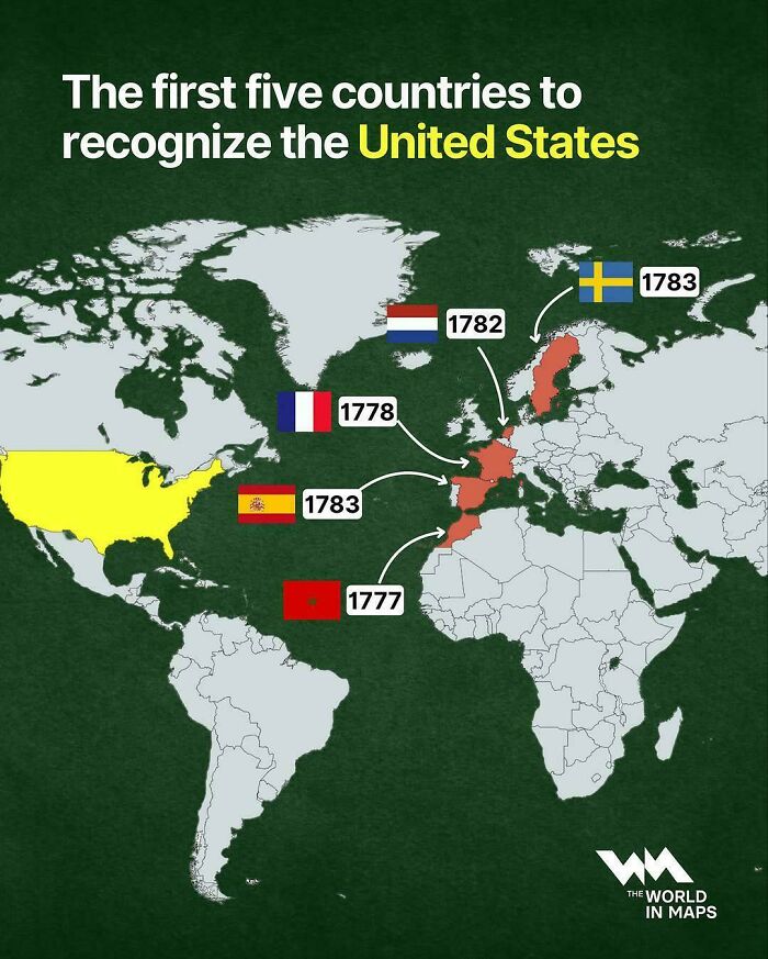 Map showing the first five countries to recognize the United States highlighted for expanding knowledge of the world.