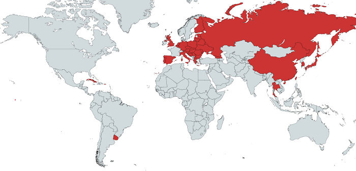 World map highlighting countries in red, illustrating a unique perspective to expand knowledge with educational maps.