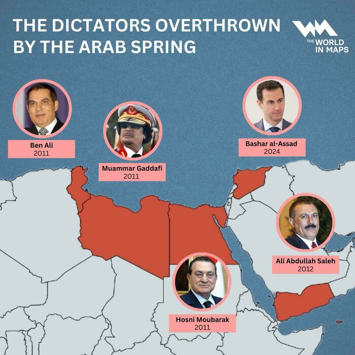 Map showing dictators overthrown by the Arab Spring with highlighted countries and leader portraits on a world knowledge map.