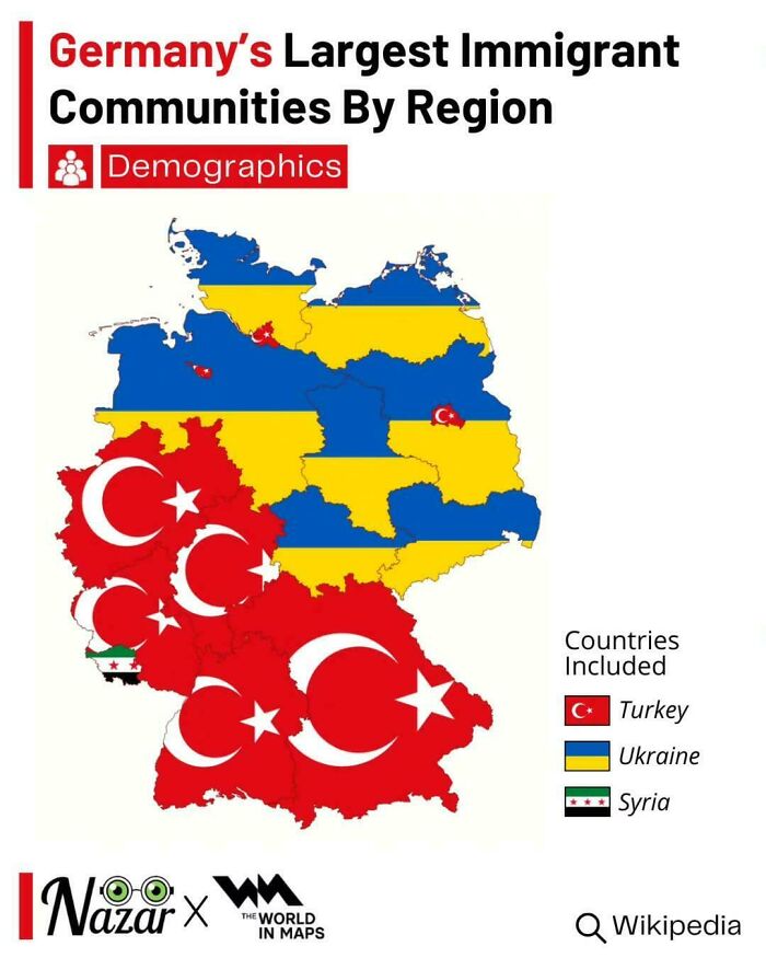 Map showing Germany's largest immigrant communities by region with Turkey, Ukraine, and Syria represented by country flags.