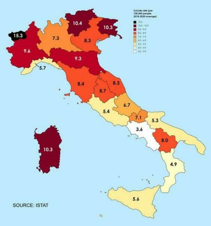 Map of Italy showing s*****e rates per 100,000 people by region with color-coded data for knowledge expansion maps.
